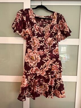 Floral Wrap Mini Dress in Burgundy and Pink